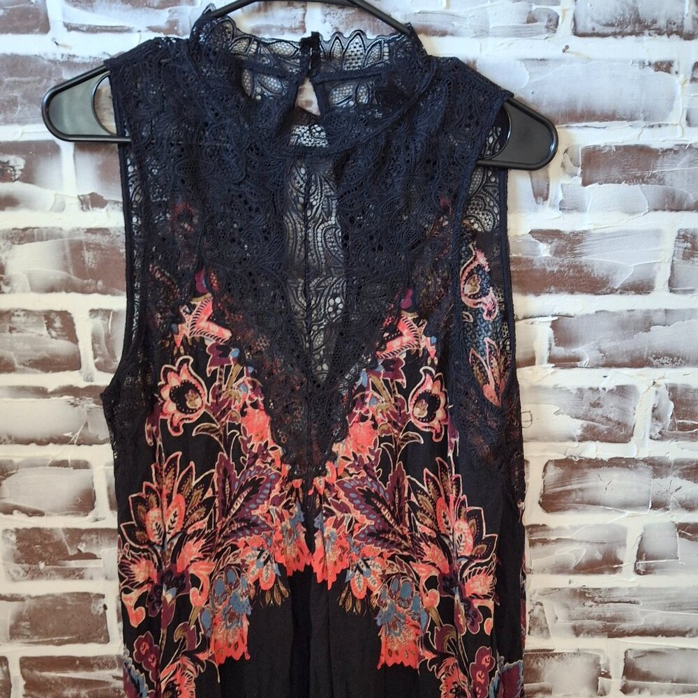 Free People Intimately Medium Marsha Black Lace Slip Dress Floral Boho
